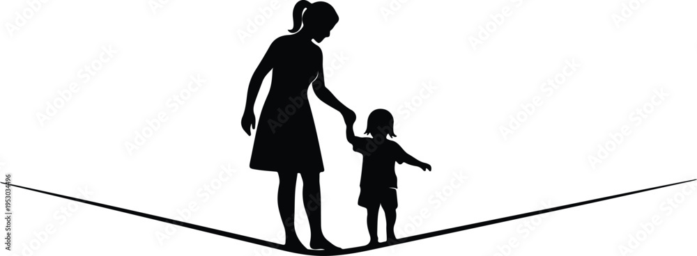 Fototapeta premium Silhouette mother and child balancing carefully on a tightrope vector design