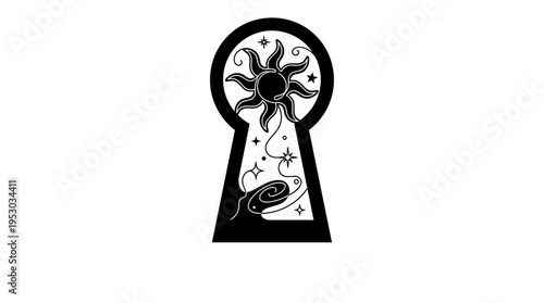 Hidden Potential and Discovery Concept: Giant Keyhole Silhouette with White Line Art Sun and Cosmos Stars, Minimalist Double Exposure Vector