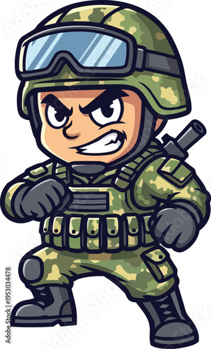 A cartoon soldier wearing a helmet and goggles is standing aggressively.
