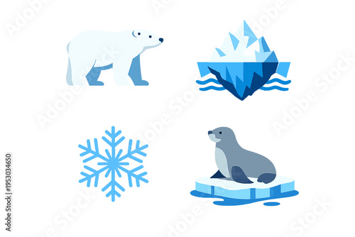 Arctic wildlife including polar bear and seal on ice with snowflake and iceberg floats in cold water environment.