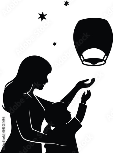 Silhouette mother and child releasing sky lantern under starry sky vector design