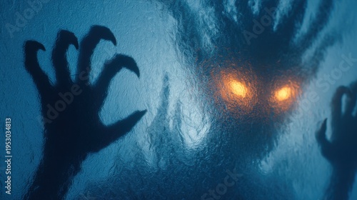 Dark figure with glowing eyes appears behind frosted glass during night time