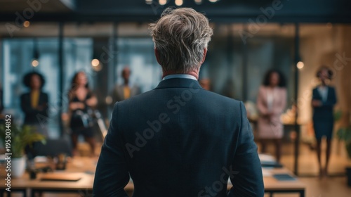 Business leader stands in front of diverse team during an important meeting in a modern office space in the afternoon