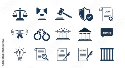Collection of legal and justice icons representing court law symbols contracts advice and legal services on transparent background