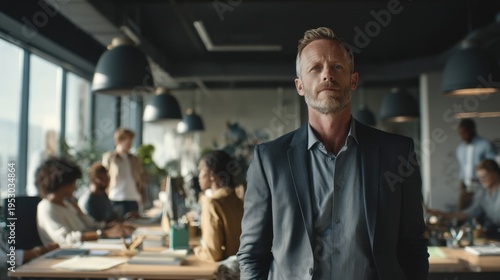 Business meeting takes place in a modern office with team discussion and focus on tasks during working hours in the city