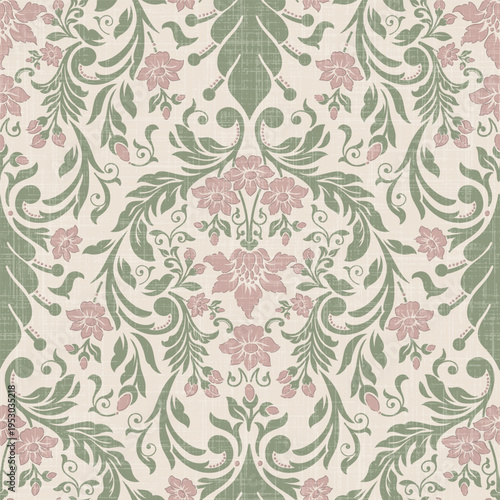Cute floral seamless pattern on linen texture. Flower vector illustration background. Print in rustic vintage style, textile or wallpapers.