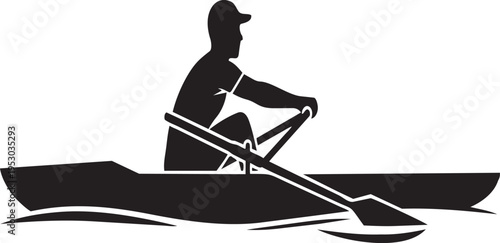 Vector illustration of a girl with a shovel and silhouettes of a woman with a scooter and a boy paddling a kayak in a summer sea competition