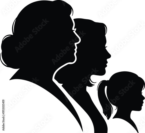 Silhouette profile of three generations grandmother mother daughter vector design
