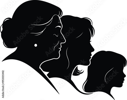 Silhouette profile portraits of three generations of women vector design