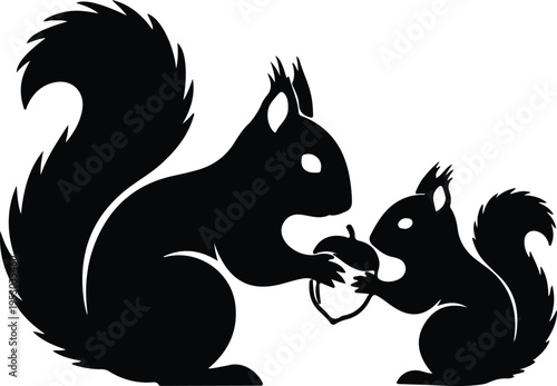 Silhouette two squirrels sharing acorn family love vector design