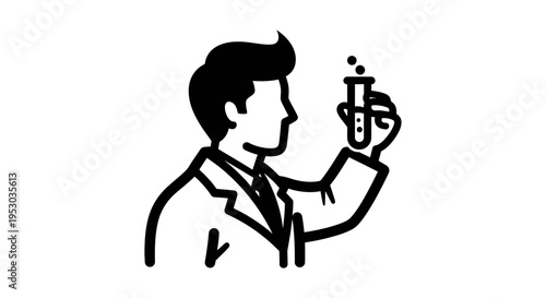 Black line drawing of a scientist examining a test tube