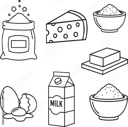 A cartoon vector illustration set of dairy products and breakfast icons featuring milk, cheese, bread, and sweet dessert cakes designed for kitchen and cafe glass art
