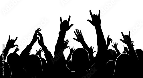 Silhouette of a crowd of people with hands raised in the air