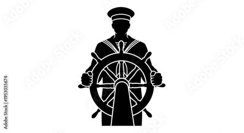 Black silhouette of a sailor steering a ships wheel