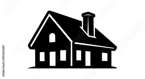 A simple black house icon with a chimney and white outline