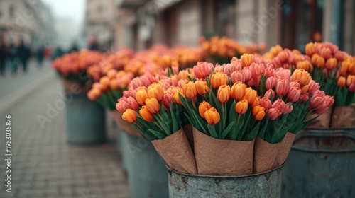 Colorful flowers in paper wraps placed in containers along a busy street on a cloudy day in the city center