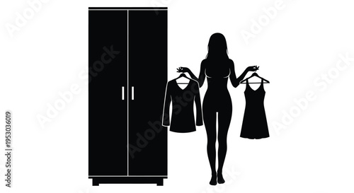 Vector silhouette of woman with clothes and wardrobe