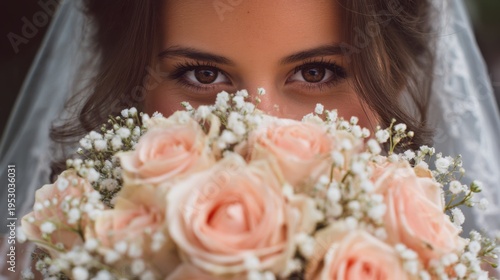 Bride holds bouquet of flowers close to her face in outdoor setting during wedding ceremony