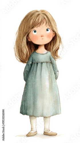 Young girl with long hair standing quietly in a simple dress during a calm moment indoors