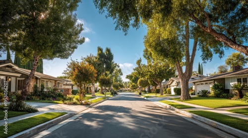 Row of single-story homes on a sunlit suburban street with manicured lawns
