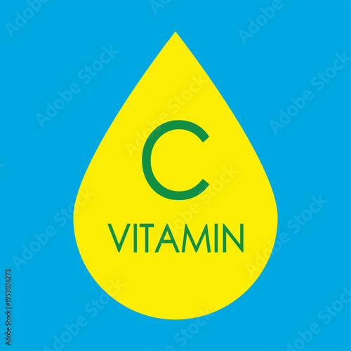 Vitamin C Serum Drop Icon Vector Illustration. Liquid Vitamin Supplement for Health, Immunity and Skincare. Yellow Ascorbic Acid Graphic on Blue Background for Medical and Wellness Marketing.