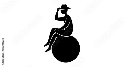 Woman sitting on a ball wearing hat.