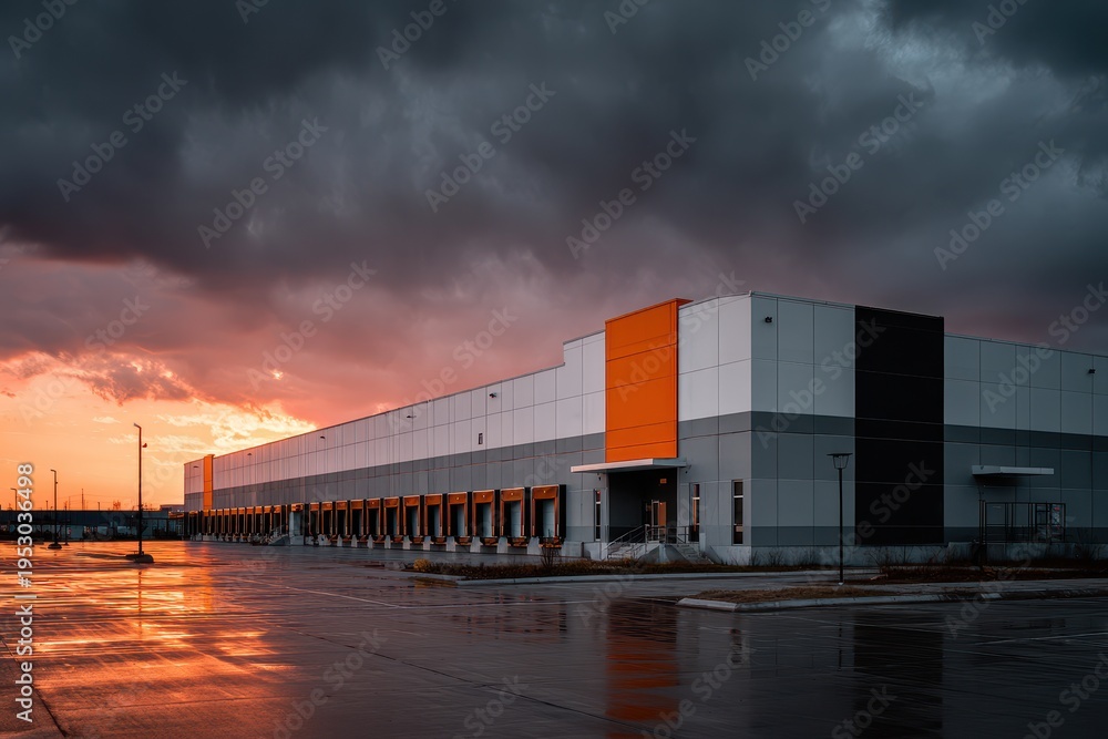 Fototapeta premium Stormy sunset over a white-gray industrial warehouse with a blank orange and black sign