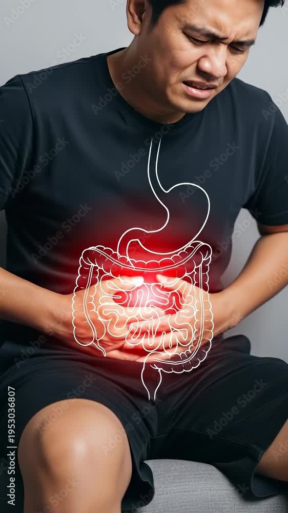 Man suffering from severe abdominal pain, highlighting the human ...