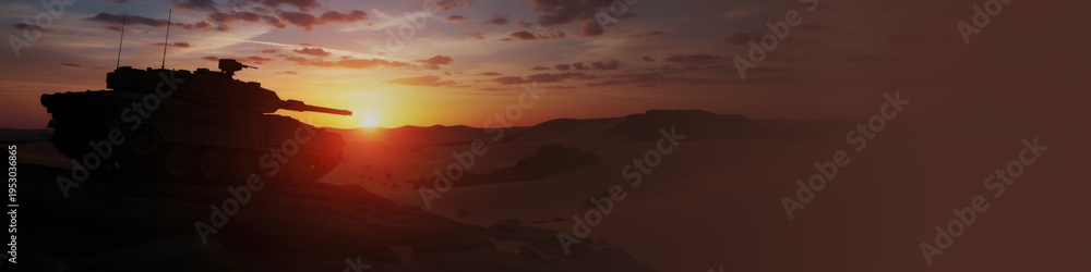 Fototapeta premium Silhouette of heavy battle tank on hill during sunset. Armed military vehicle in desert terrain during warm evening. Concept of global conflict, defense, tactical combat. Banner with copy space