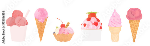 Set of tasty vector hand drawn strawberry ice cream balls in paper cup and white bowl with fruits. Cartoon sweet cold summer dessert icons illustration isolated on white.