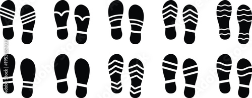 Footprint shoe sole pattern set, Walking step track icons, Human foot trail silhouette collection