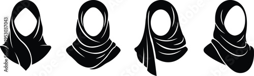 Hijab woman silhouette set, Muslim female headscarf portrait icons, Islamic women profile collection