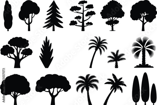 Collection of tropical and forest tree silhouettes including palm pine cypress and broadleaf trees isolated on white background for landscape nature vector illustration