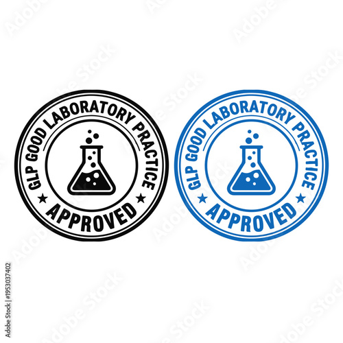 GLP Good Laboratory Practice Approved Round Stamp Set Black Blue Vector Flask Lab Certification Badge