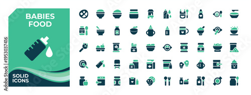 Babies Food colorful solid icon set. Related to baby food, nourishment, cereal, babies product, baby, feeding and more. Minimal filled icons. Feed vector solid icon set. Pixel perfect.