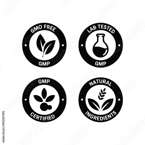 GMP Certified Badge Set - GMO Free Lab Tested Natural Ingredients Black Vectors Icons