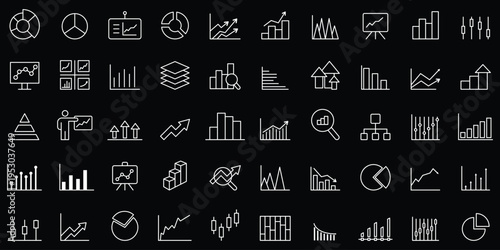 Growing bar 50 icon set. Business graphs and charts icons. Statistics and analytics vector icon. Statistic and data, charts diagrams, money, down or up arrow. Graph and Chart icon set. Editable line.