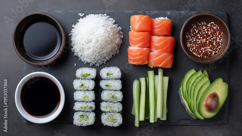 A refined food composition displaying raw sushi ingredients in a deconstructed culinary layout.