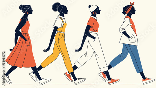 Four diverse women walking together, side profile, minimalist style, fashion illustration