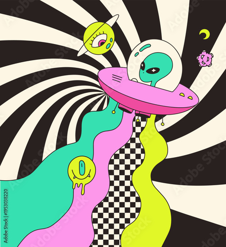 Psychedelic trippy space background with alien in UFO and optical illusion checkerboard path. Surreal retro 70s hallucinogenic poster with melting slime and floating eye planet. Vector illustration