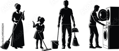 cleaning, housekeeping, people, silhouette, family, chores, home, broom, mop, washing, laundry, hygiene, domestic, maintenance, housework, lifestyle, illustration, cleaningtools, household, set