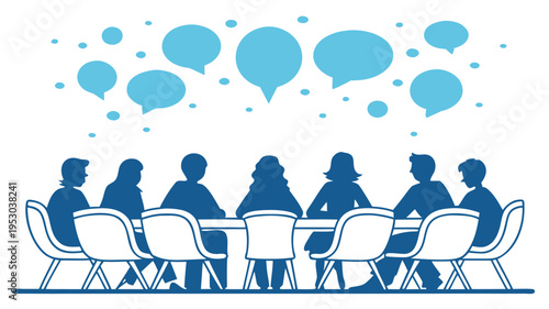 Business meeting silhouettes with speech bubbles representing discussion and communication