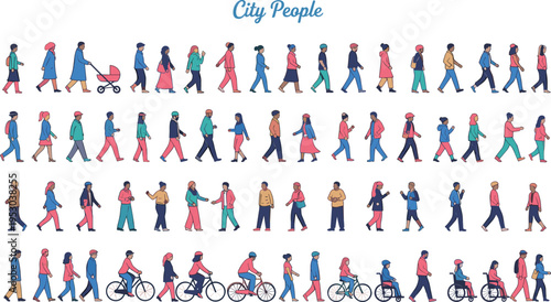 city, people, walking, urban, crowd, lifestyle, pedestrians, street, diverse, commute, everyday, activity, modern, movement, illustration, citylife, public, transport, community, set
