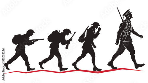 Silhouette evolution of soldiers marching, representing military history and combat