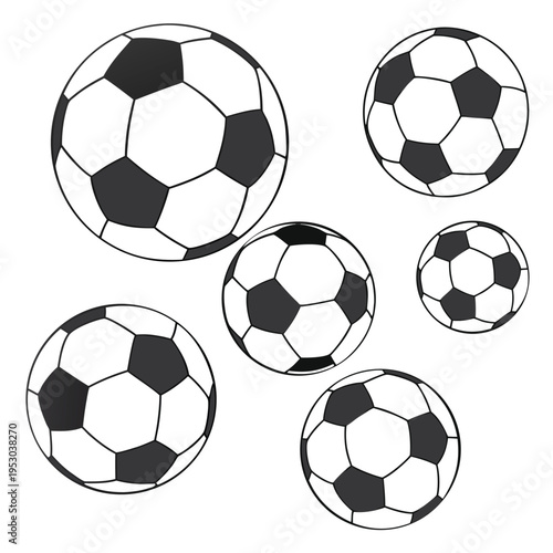 Dynamic group of soccer balls in various sizes for sports and game design