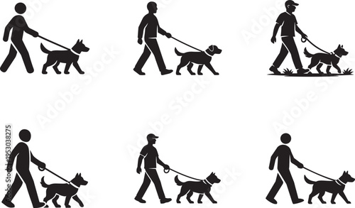 Man walking dog icon set with pedestrian symbols, human walk pet silhouette vector illustration set.