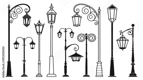 Set of various classic street lamps and lampposts in black silhouette vector