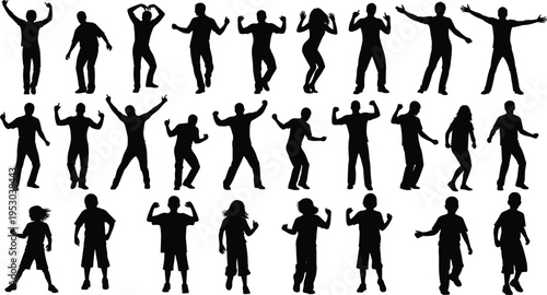 Dancing people silhouette collection, men women and kids dancing poses, energetic movement, party dance figures, black silhouette isolated illustration set