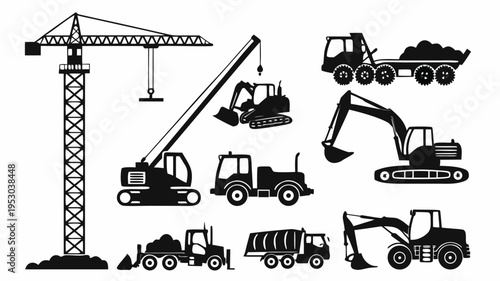 Collection of heavy construction vehicles and machinery in black silhouette vector