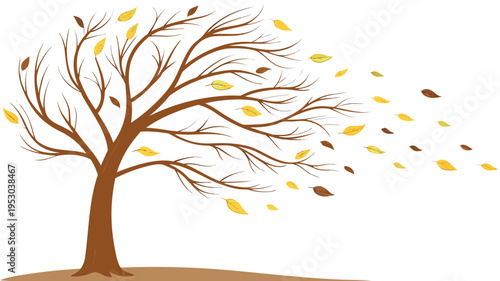 Autumn tree with leaves blowing in wind, nature season change vector illustration